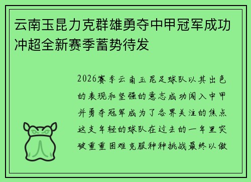 云南玉昆力克群雄勇夺中甲冠军成功冲超全新赛季蓄势待发