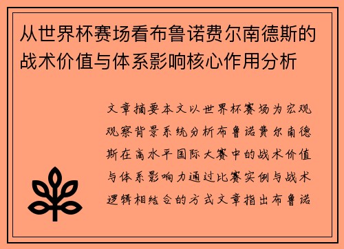 从世界杯赛场看布鲁诺费尔南德斯的战术价值与体系影响核心作用分析